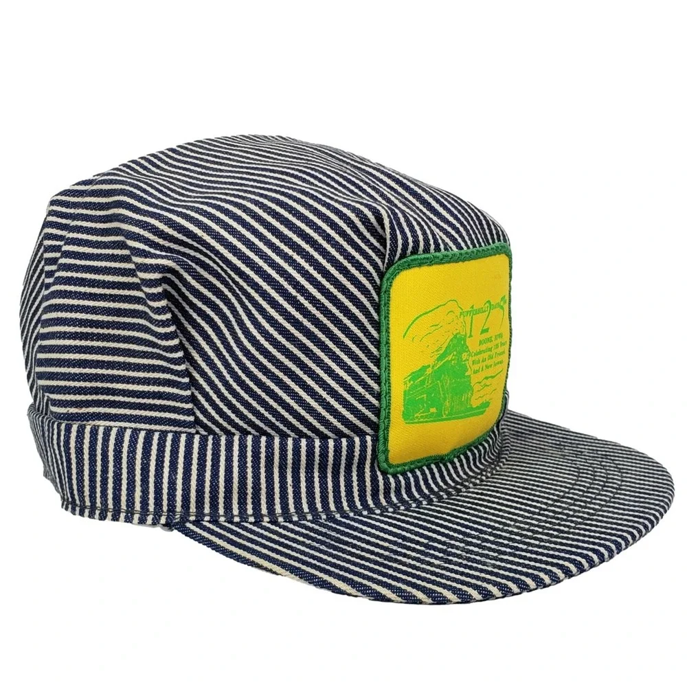 Vintage Pufferbilly Days 1990 Engineer Hat OS Blue Hickory Stripe Denim USA Made